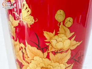 Lọ hoa sơn mài dáng ống dù vẽ kĩ, cao 47cm