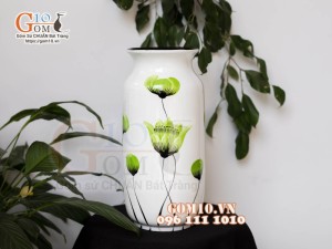 Lọ hoa sơn mài dáng phích nền trắng vẽ hoa, cao 25cm