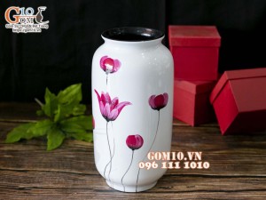 Lọ hoa sơn mài dáng phích nền trắng vẽ hoa tuylip hồng, cao 32cm