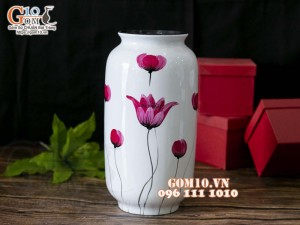 Lọ hoa sơn mài dáng phích nền trắng vẽ hoa tuylip hồng, cao 32cm