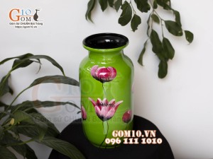 Lọ hoa sơn mài dáng phích nền xanh vẽ hoa Sen, cao 31cm