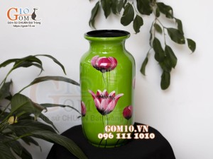 Lọ hoa sơn mài dáng phích nền xanh vẽ hoa Sen, cao 31cm