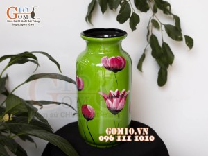 Lọ hoa sơn mài dáng phích nền xanh vẽ hoa Sen, cao 31cm