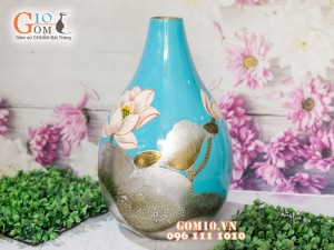 Lọ hoa sơn mài dáng quả gấc dán hoa sen 40cm