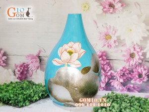 Lọ hoa sơn mài dáng quả gấc dán hoa sen 40cm