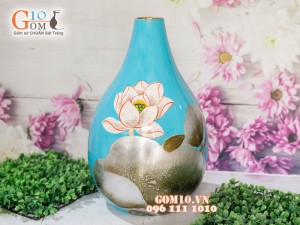 Lọ hoa sơn mài dáng quả gấc dán hoa sen 40cm
