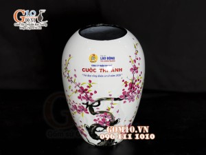 Lọ hoa sơn mài dáng xoài vẽ hoa Đào nền trắng, 25cm