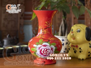 Lọ hoa sơn mài dáng tỏi cao nền đỏ vẽ phù dung, cao 29cm