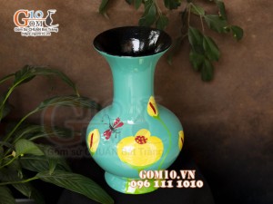 Lọ hoa sơn mài dáng tỏi cao nền xanh vẽ Chuồn hoa, cao 28cm