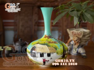 Lọ hoa sơn mài dáng tỏi dẹt họa tiết cảnh làng quê 36cm