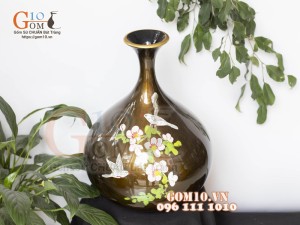 Lọ hoa sơn mài dáng tỏi tài lộc cổ loe họa tiết Chim Hoa rạn, cao 33cm