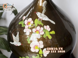 Lọ hoa sơn mài dáng tỏi tài lộc cổ loe họa tiết Chim Hoa rạn, cao 33cm