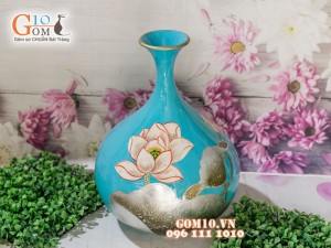 Lọ hoa sơn mài dáng tỏi tài lộc dán hoa sen 40cm