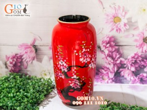 Lọ hoa sơn mài dáng vò cao miệng vẽ hoa đào phai nền đỏ 32cm