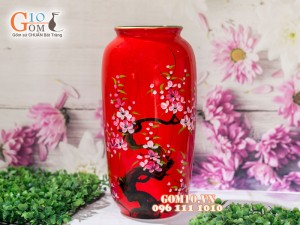Lọ hoa sơn mài dáng vò cao miệng vẽ hoa đào phai nền đỏ 32cm