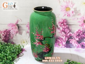 Lọ hoa sơn mài dáng vò cao miệng vẽ hoa đỏ nền xanh 32cm