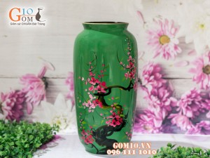 Lọ hoa sơn mài dáng vò cao miệng vẽ hoa đỏ nền xanh 32cm Lọ hoa sơn mài dáng vò cao miệng vẽ hoa đỏ nền xanh 32cm
