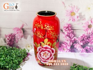 Lọ hoa sơn mài đỏ dáng bí vẽ hoa mẫu đơn nền đỏ 29cm