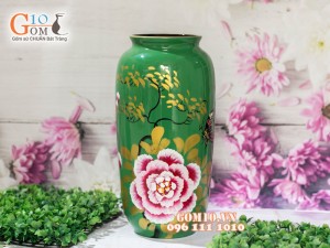 Lọ hoa sơn mài dáng vò cao miệng vẽ hoa mẫu đơn nền xanh 32cm