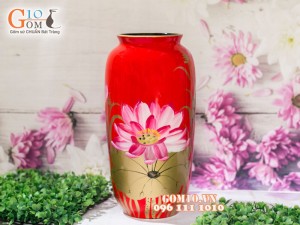 Lọ hoa sơn mài dáng vò cao miệng vẽ hoa sen 32cm