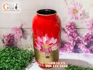 Lọ hoa sơn mài dáng vò cao miệng vẽ hoa sen 32cm