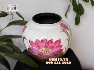 Lọ hoa sơn mài dáng vò miệng rộng nền trắng vẽ hoa Sen, cao 23cm