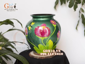 Lọ hoa sơn mài dáng vò miệng rộng nền xanh vẽ Chuồn Hoa, cao 23cm