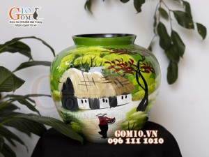 Lọ hoa sơn mài dáng vò miệng rộng nền xanh vẽ Làng Quê, cao 23cm