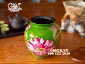 Lọ hoa sơn mài dáng vò thấp vẽ hoa sen cao 23cm