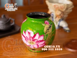 Lọ hoa sơn mài dáng vò thấp vẽ hoa sen cao 23cm