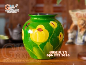 Lọ hoa sơn mài dáng vò thấp vẽ hoa tuylip cao 23cm