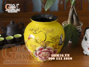 Lọ hoa sơn mài dáng vò họa tiết hoa Phù Dung, cao 23cm 