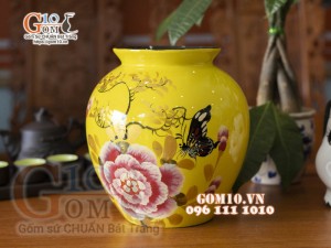 Lọ hoa sơn mài dáng vò họa tiết hoa Phù Dung, cao 23cm 