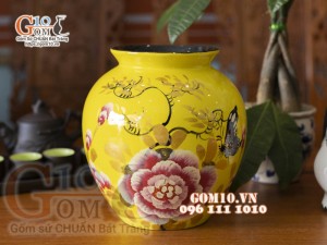 Lọ hoa sơn mài dáng vò họa tiết hoa Phù Dung, cao 23cm 