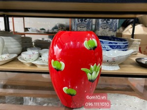 Lọ hoa sơn mài dáng xoài nền đỏ vẽ hoa tuylip 22cm