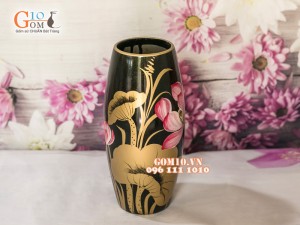 Lọ hoa sơn mài đen dáng bom vẽ hoa sen 28cm