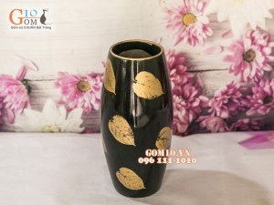 Lọ hoa sơn mài đen dáng bom vẽ lá 30cm