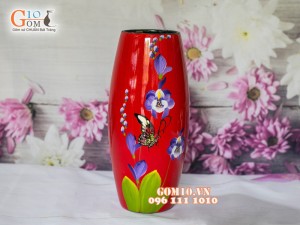 Lọ hoa sơn mài đỏ dáng bom vẽ bướm hoa 33cm