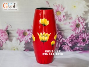 Lọ hoa sơn mài đỏ dáng bom vẽ hoa 30cm