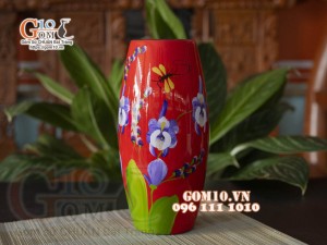 Lọ hoa sơn mài đỏ dáng bom vẽ hoa lan, cao 28cm