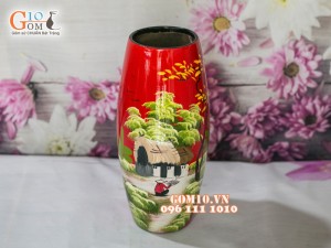 Lọ hoa sơn mài đỏ dáng bom vẽ làng quê 33cm