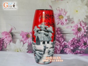Lọ hoa sơn mài đỏ dáng bom vẽ làng quê 30cm Lọ hoa sơn mài đỏ dáng bom vẽ làng quê 30cm