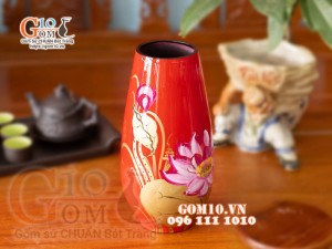 Lọ hoa sơn mài đỏ dáng cúp vẽ hoa sen cao 38cm