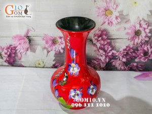 Lọ hoa sơn mài đỏ dáng tỏi cao vẽ hoa bướm 28cm