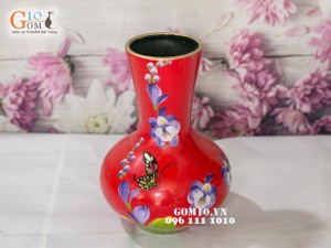 Lọ hoa sơn mài đỏ dáng tỏi thấp vẽ hoa bướm 25cm