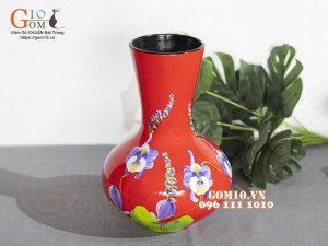 Lọ hoa sơn mài đỏ dáng tỏi thấp vẽ hoa tím 25cm