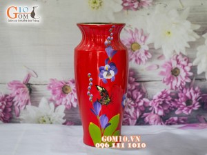 Lọ hoa sơn mài đỏ dáng viền cổ vẽ bướm hoa 32cm