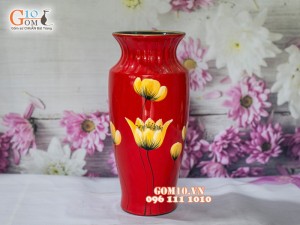 Lọ hoa sơn mài đỏ dáng viền cổ vẽ hoa 32cm