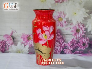 Lọ hoa sơn mài đỏ dáng viền cổ vẽ hoa sen 32cm