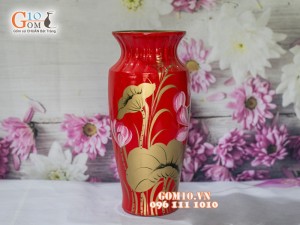 Lọ hoa sơn mài đỏ dáng viền cổ vẽ hoa sen 32cm